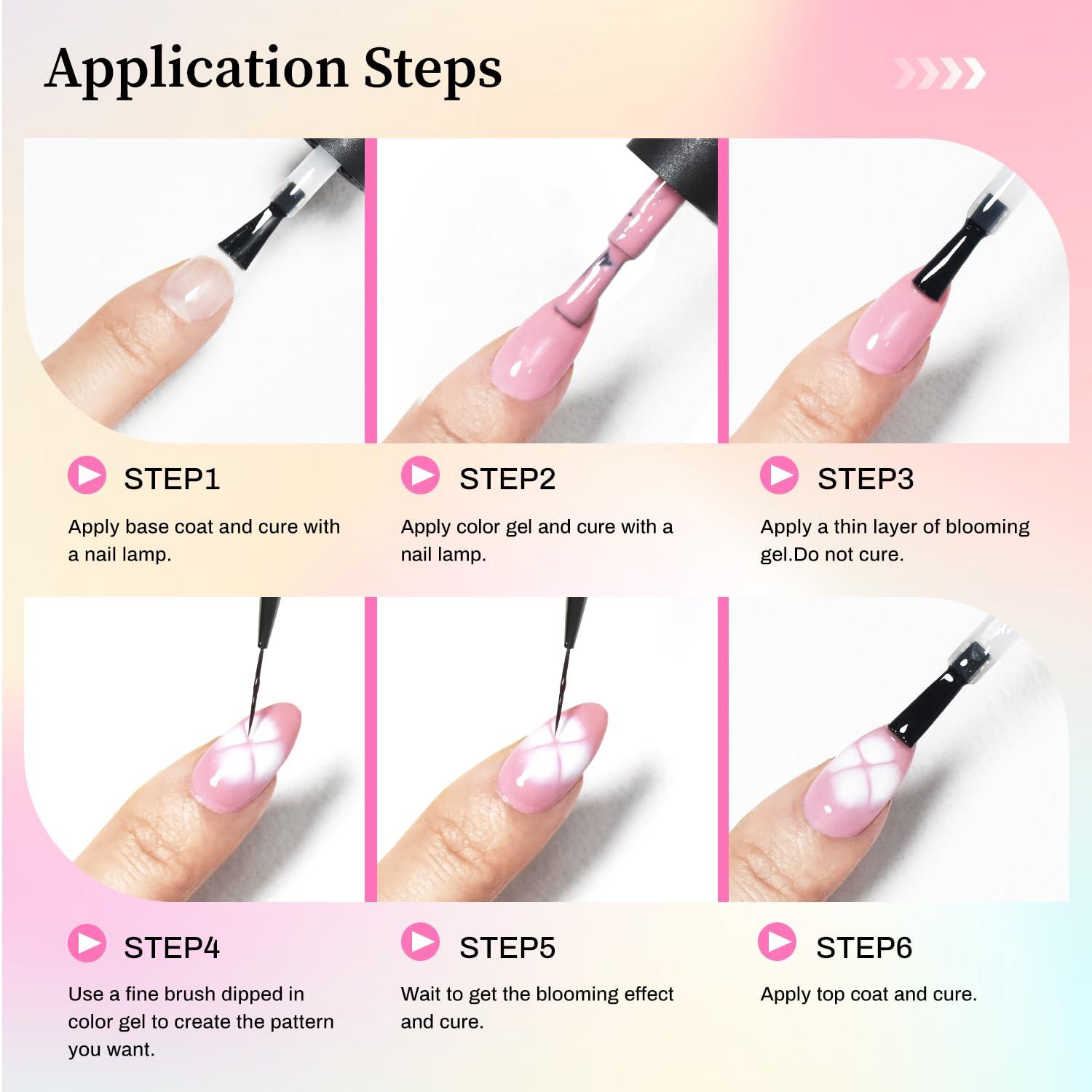 imageJODSONE 10ML Blooming Gel Nail Polish Clear Marble Nail Nail Art Accessories for Spreading Effects Floral Print Watercolor Design for Women10ml Base Top Coat Blooming Gel Set