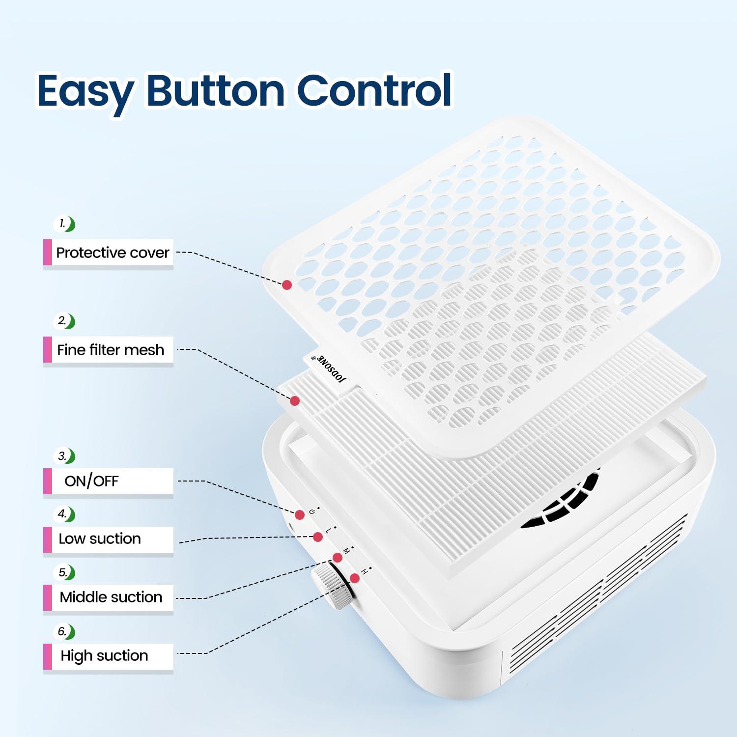 imageJODSONE 120W Nail Dust Collector Powerful Vacuum Fan Dust Collector Nail with Reusable Filter Manicure Pedicure Tool for Acrylic Nail Polishing Salon and Home UseLight White