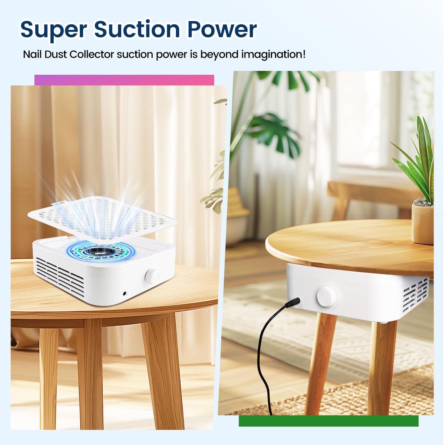 imageJODSONE 120W Nail Dust Collector Powerful Vacuum Fan Dust Collector Nail with Reusable Filter Manicure Pedicure Tool for Acrylic Nail Polishing Salon and Home UseLight White