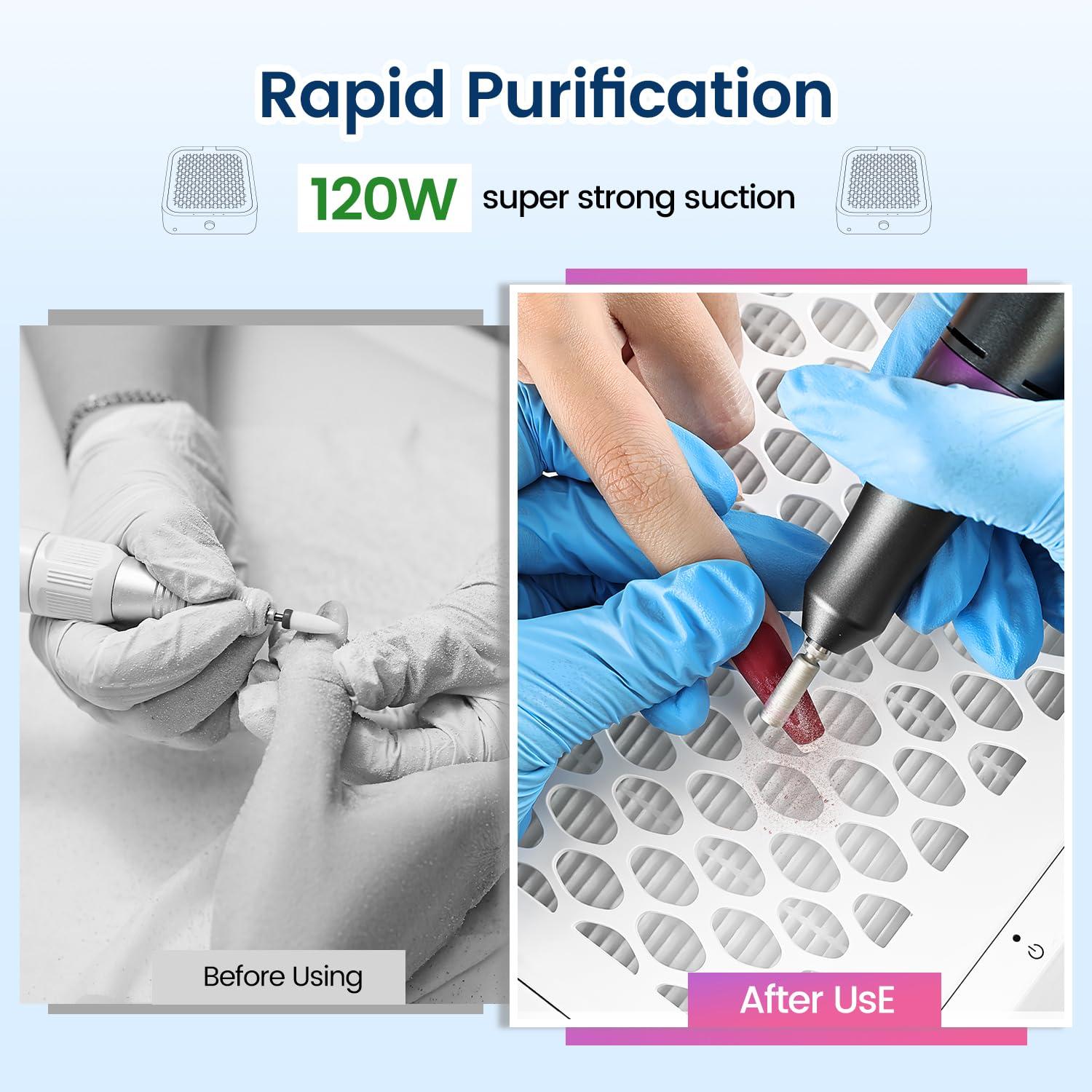 imageJODSONE 120W Nail Dust Collector Powerful Vacuum Fan Dust Collector Nail with Reusable Filter Manicure Pedicure Tool for Acrylic Nail Polishing Salon and Home UseLight White