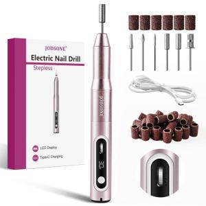 imageJODSONE 20000 RPM Portable Nail Drill Multifunctional Low Noise with LED Display Rechargeable Professional Nail Drill for Home Nail Salon PinkCherry Pink