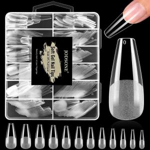 imageJODSONE Short Orbicular Half Matte Pre shaped Soft Gel Tips Fake Nails False Acrylic Clear Full Cover Press on Extension Gel Kit Manicure DIY at Home 240PCS 10SizesLong Straight