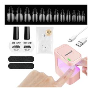 imageJODSONE Gel Nail Kit Short Teardrop Nail Tips 480PCS Mini Rechargeable Nail Lamp Pre Shaped Clear Full Cover Fake Nails Tips with Nail Glue amp Top Coat U V LED Curing Lamp DIY Manicure Gifts for WomenLamp Clear Nail TipsLong Almond1