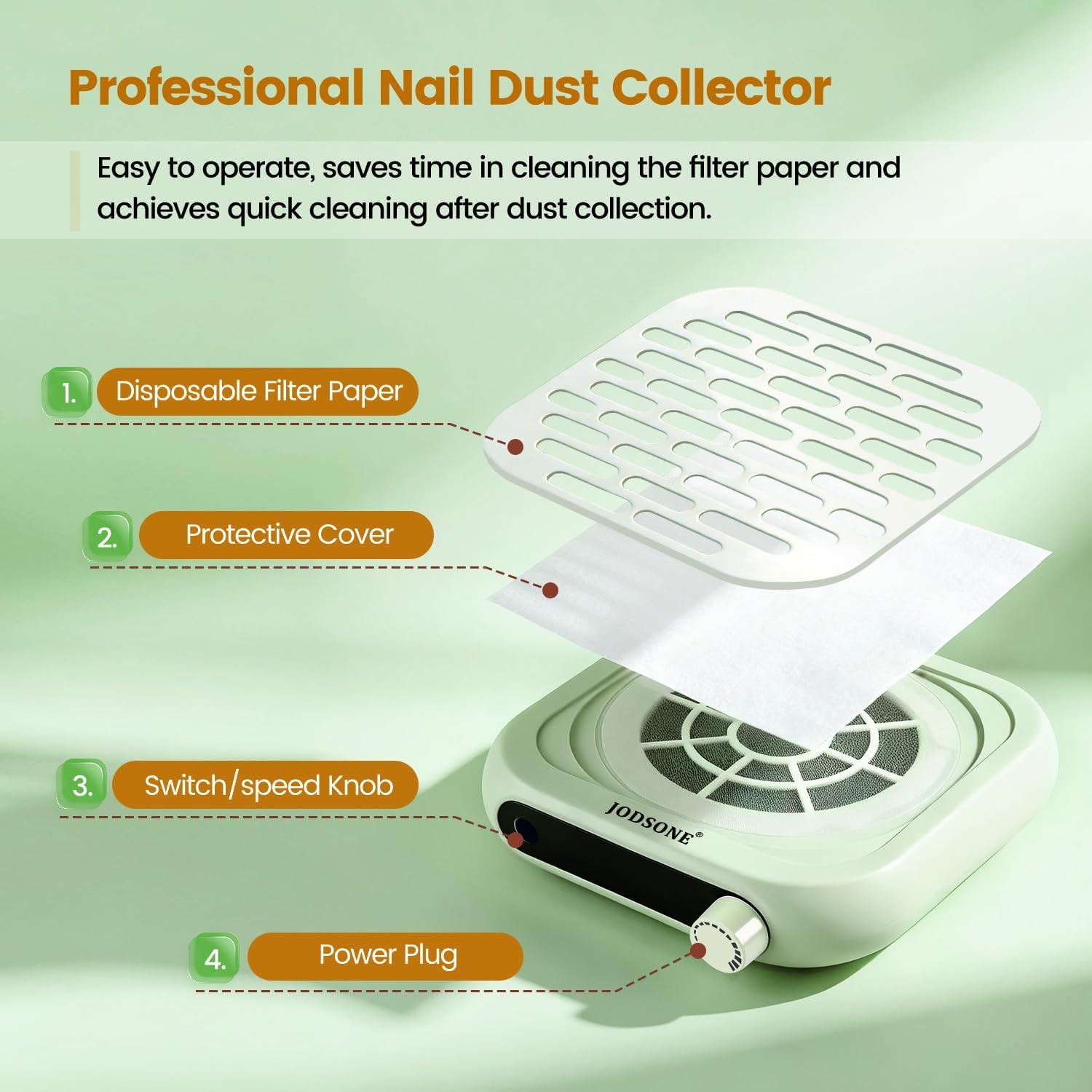 image:imageJODSONE 6000RPM Mini Nail Dust Collector PocketSized Powerful Suction Portable Nail Salon with 30 Filters GreenNdc01